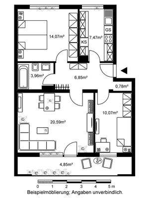 Grundriss mit Wohnzimmer (ca. 20,59 m²), Schlafzimmer (ca. 14,07 m²), Kinder-/Arbeitszimmer (ca. 10,07 m²), Bad (ca. 3,96 m²), Küche (ca. 7,47 m²), Flur (ca. 6,85 m²) und Loggia (ca. 4,85 m²)