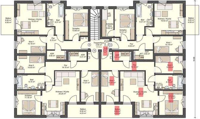 Grundriss Whg.11 rot markiert