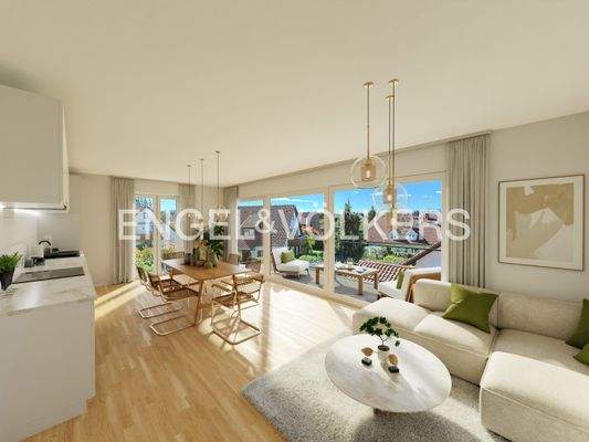 Offener Wohn-Essbereich mit Zugang zum Balkon