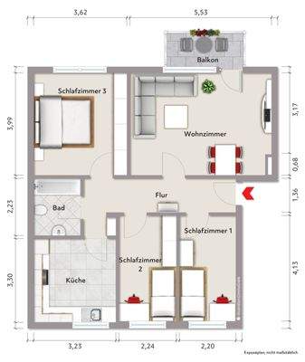 Grundriss der Wohnung (nicht maßstabsgerecht, Möblierungsbeispiel)