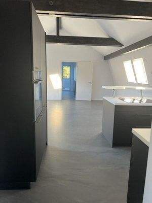 Küche mit Sicht auf den Wohnbereich