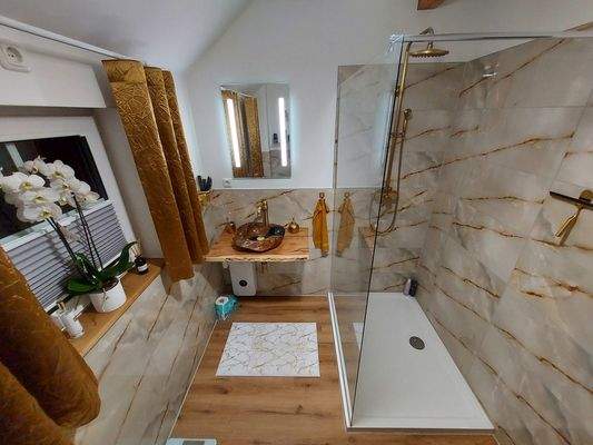 Walk-In Dusche und Holzwaschtisch