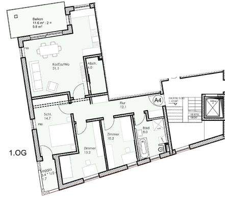 Grundriss zur Wohnung A4 - nicht maßstabsgetreu