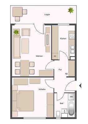Grundriss mit Flur (6,88 m²), Tageslichtbad (4,84 m²), Küche (8,14 m²), Wohnzimmer (21,51 m²), Schlafzimmer (17,08 m²) und Balkon