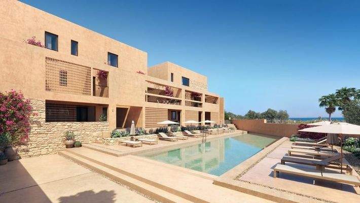 Kreta, Maleme: Neubau - Apartment in Komplex mit erdiger Ästhetik zu verkaufen