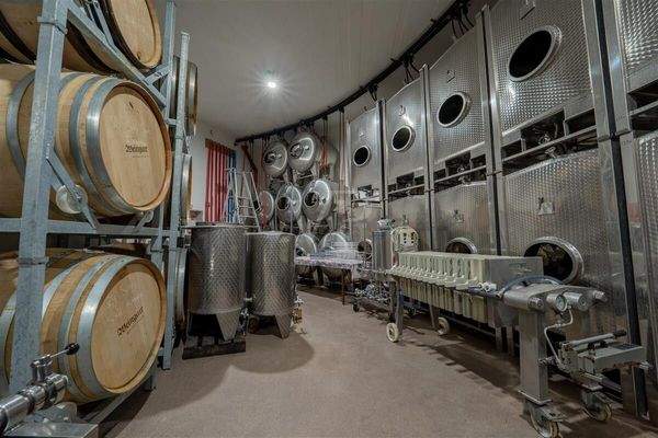 Eichen und Akazienholzfässer, gekühlte Edelstahltanks