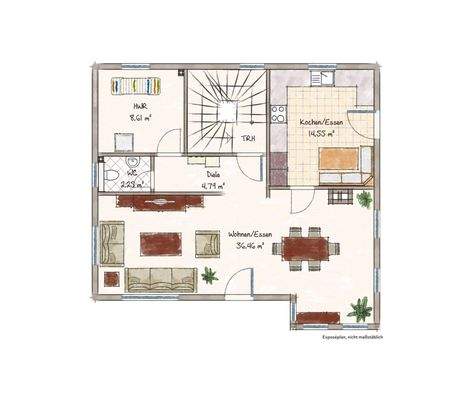Grundriss Obergeschoss zum Wohnen, Essen, Kochen und beisammen sein