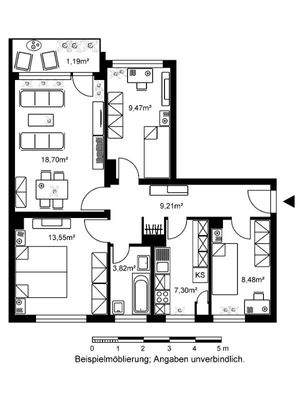 Grundriss mit Wohnzimmer (18,70 m²), Schlafzimmer (13,55 m²), Kinderzimmer (8,48m²), Büro (9,47m²), Badezimmer (3,82 m²), Küche (7,30 m²), Flur (9,21 m²) und Balkon (1,19m²).