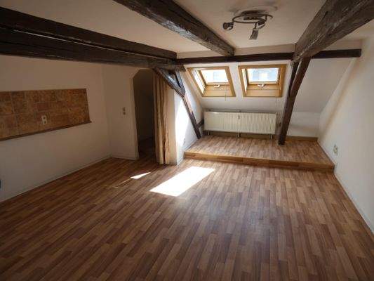 Wohnzimmer mit Küchenbereich und Hauswirtschaftskammer