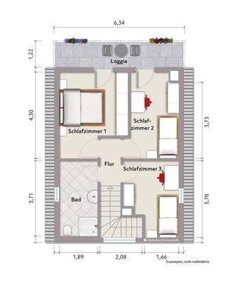 Grundriss Dachgeschoss (nicht maßstabsgerecht, Möblierungsbeispiel)