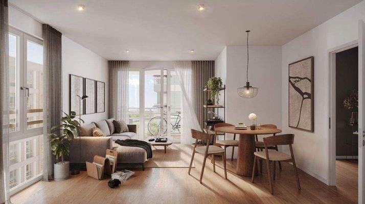 Innenansicht durchs Wohnzimmer zum Balkon