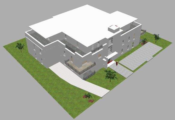 Planungsperspektive - Zufahrt und Vorderansicht