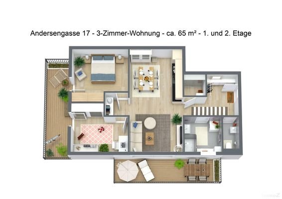 Andersengasse 17 - 3-Zimmer-Wohnung - ca. 65 m² - 1. und 2. Etage - 3D Floor Plan