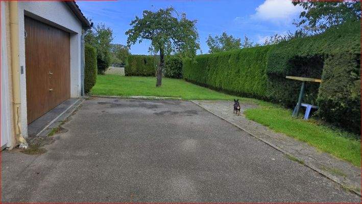 Sicht auf Garage und Nachbargarten