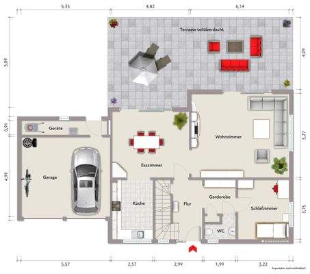 Grundriss Erdgeschoss (nicht maßstabsgerecht, Möblierungsbeispiel)