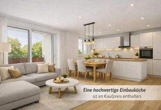 Die Visualisierung wurde KI‑gestützt erstellt und zeigt eine mögliche moderne Einrichtung; sie stellt nicht die tatsächliche Einbauküche dar, die im Kaufpreis enthalten ist.
