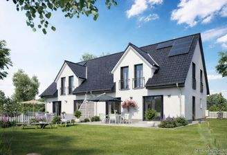 Moderne Doppelhaushälfte mit Zwerchgiebel und bodentiefen Fenstern – klare Architektur und viel Licht für ein zeitgemäßes Wohngefühl