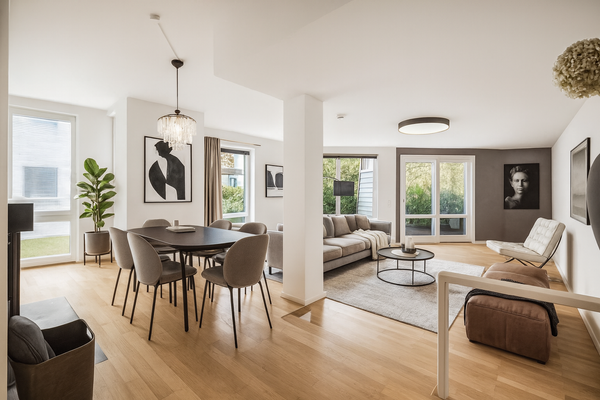 Modern visualisierter Wohnbereich mit großzügiger Terrasse und stilvollem Kamin