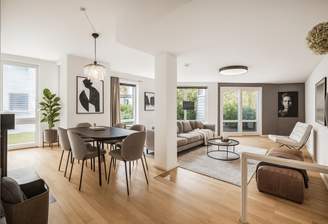 Modern visualisierter Wohnbereich mit großzügiger Terrasse und stilvollem Kamin