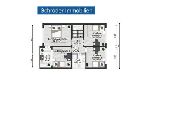 Grundriss Obergeschoss - Möblierung nicht originalgetreu