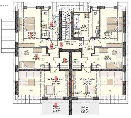 Grundriss Whg.3, DGre rot markiert 