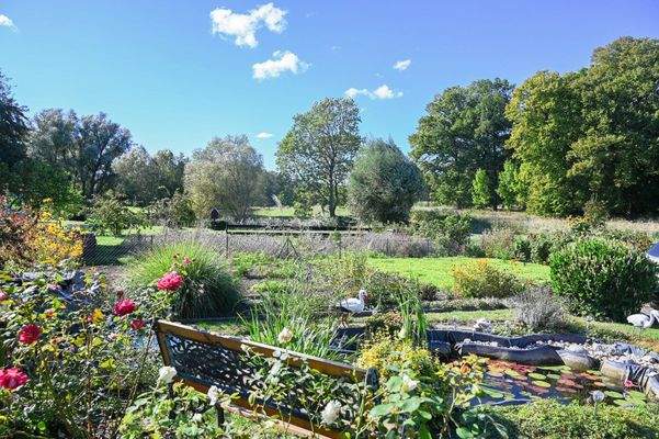 Wir sind draußen im Hof am Teich und können auf der Bank die Ruhe genießen