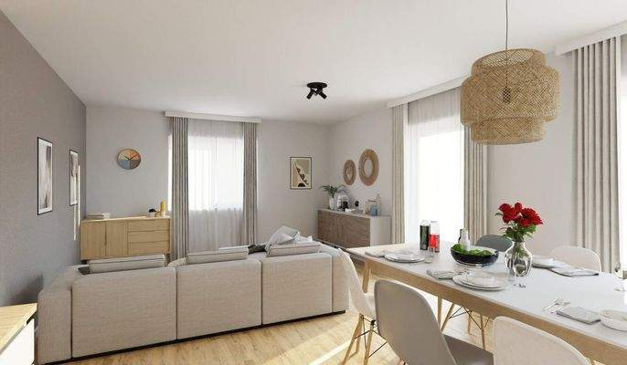 Im hell erleuchteten Wohn- und Essbereich kommt die gesamte Familie zusammen