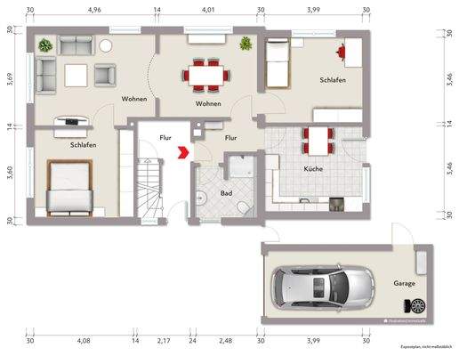 Grundriss Erdgeschoss (nicht maßstabsgerecht, Möblierungsbeispiel)