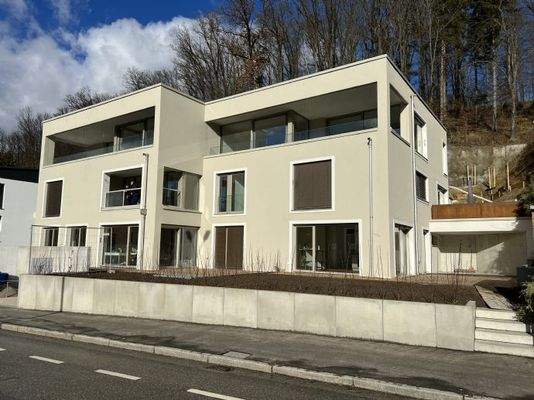 Haus, mit Wald dahinter