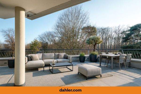 Großzügige Terrasse der oberen Penthouse-Ebene mit beeindruckendem Blick über die Baumkronen - Visualisierung