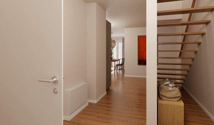 Über die Treppe gelangen Sie ins Obergeschoss