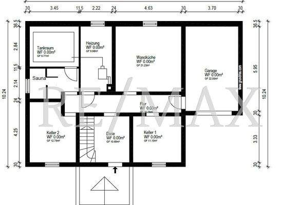 Grundriss Keller mit Sauna und Maßen