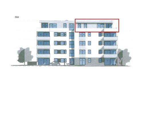 Gebäudeskizze, rot=Penthouse Wohnung