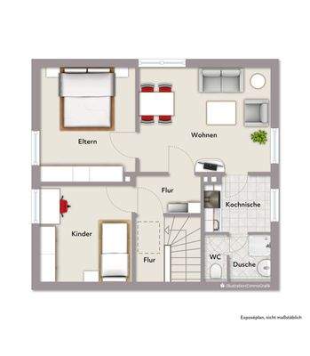 Grundriss Dachgeschoss (nicht maßstabsgerecht, Möblierungsbeispiel)