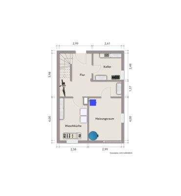 Grundriss Keller (nicht maßstabsgerecht, Möblierungsbeispiel)