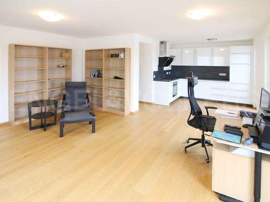 Großzügiges Wohnzimmer mit offener Küche und Zugang zur Dachterrasse