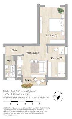 Grundriss farbig / möbliert