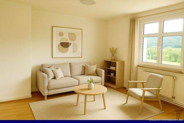 helles und geräumiges Wohnzimmer - möbliert durch KI