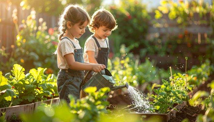 Kinder gießen im eigenen Garten Beete mit Kräuter und Gemüse.jpg