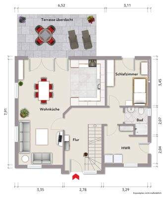 Grundriss Erdgeschoss (nicht maßstabsgerecht, Möblierungsbeispiel)