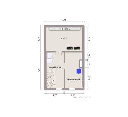 Grundriss Keller (nicht maßstabsgerecht, Möblierungsbeispiel)