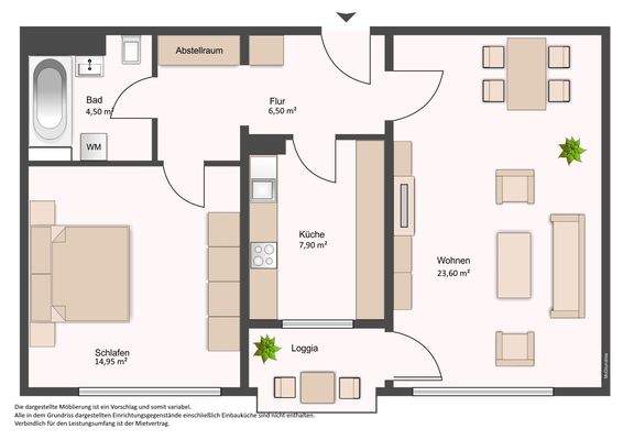 Grundriss mit Flur (6,50 m²), Bad (4,50 m²), Küche (7,90 m²), Wohnzimmer (23,60 m²), Schlafzimmer (14,95 m²) und Balkon