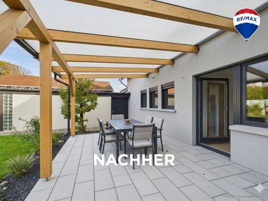 RE/MAX Immobilien DeLux Soppelhaushälfte Mettlach Terrasse nachher