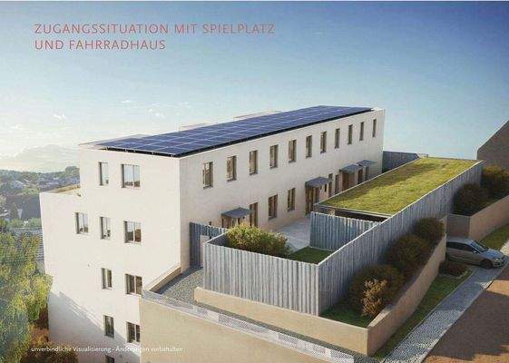 Ansicht von der Straße - vorgelagertes Fahrradhaus