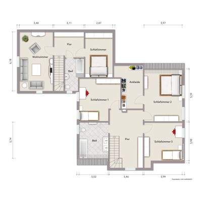 Grundriss Dachgeschoss (nicht maßstabsgerecht, Möblierungsbeispiel)