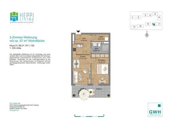 Grundriss mit Flur (4,43 m²), Bad (5,66 m²), Koch-Ess-Wohnbereich (21,41 m²), Schlafzimmer (15,37 m²), Hausiwrtschaftsraum (3,65 m²) und Balkon