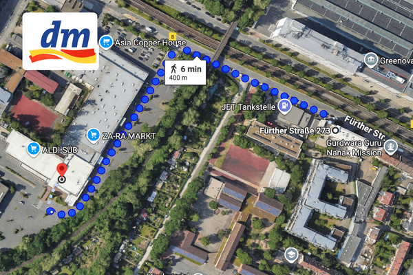 Fußweg 6 min Dm (Drogeriemarkt)