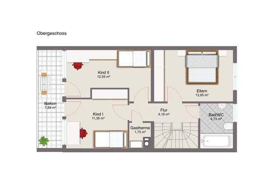 Obergeschoss mit Mustermöblierung