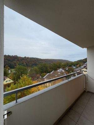 Der überdachte Balkon und die Aussicht