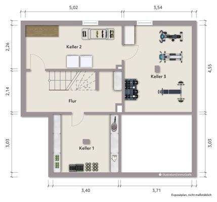 Grundriss Keller (nicht maßstabsgerecht, Möblierungsbeispiel)